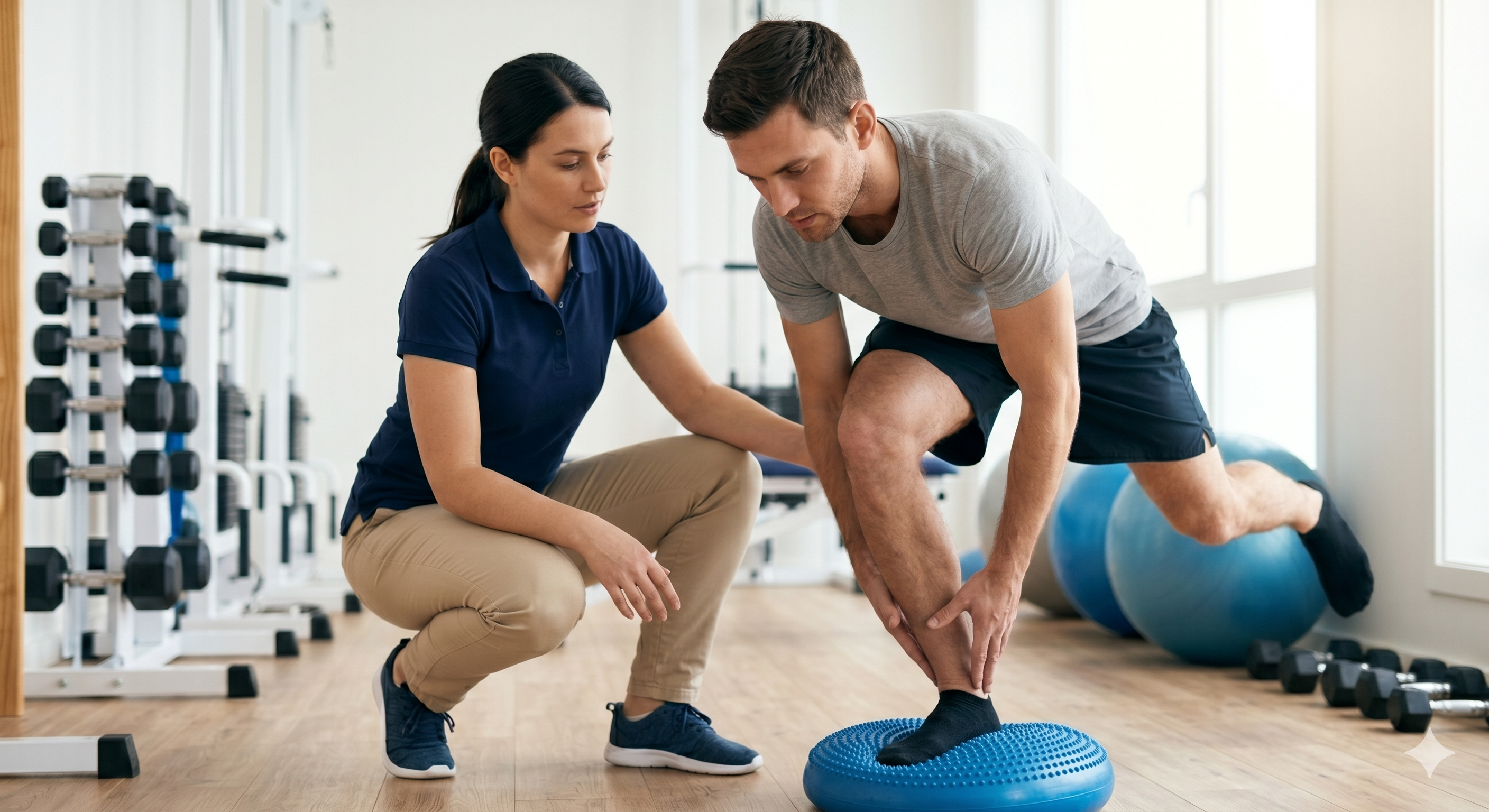Patient doing balance exercises on a cushion